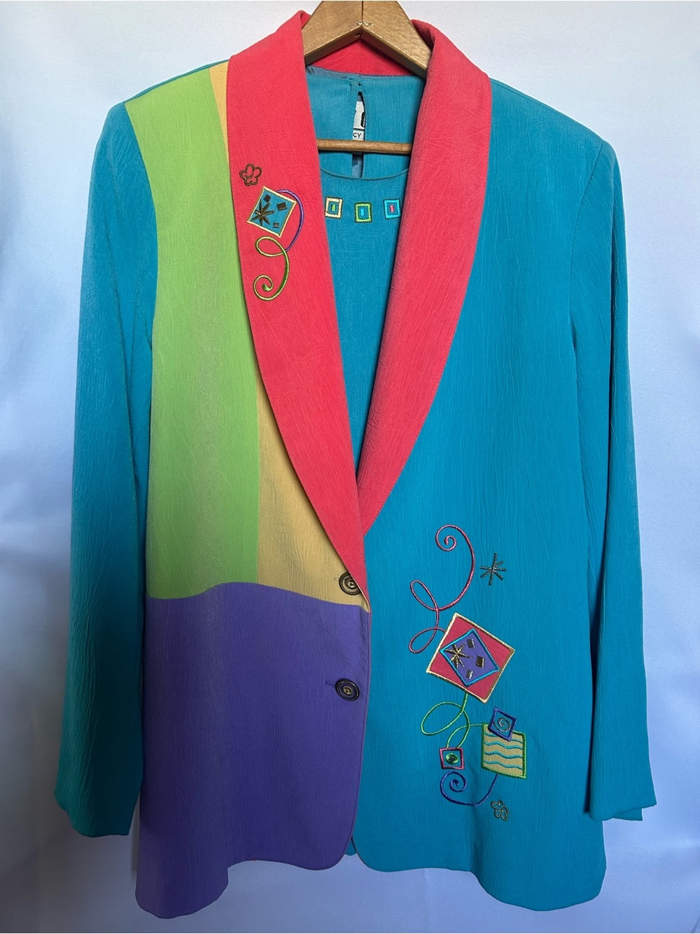 City Girl/Nancy Bolen-Colorblock rEmbroidered Blazer - Teal, Coral, Lime, Purple